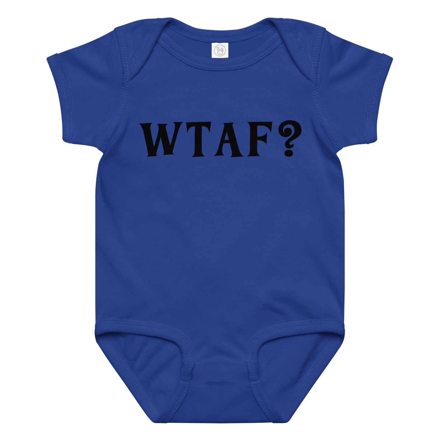 "WTAF?" printed on a royal baby jersey bodysuit laying on a flat surface amongst other clothes