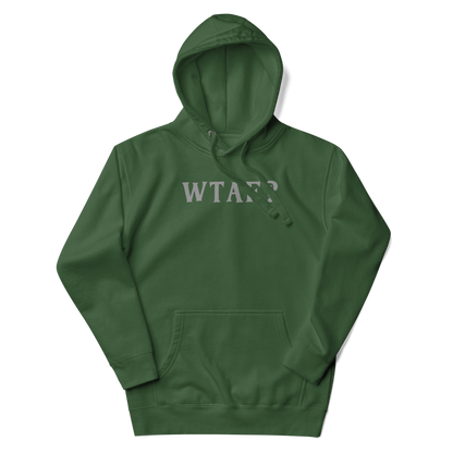 "WTAF?" printed on a forest green unisex hoodie laying on a flat surface with the hood up