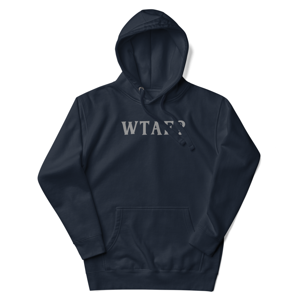 "WTAF?" printed on a navy blazer unisex hoodie laying on a flat surface with the hood up