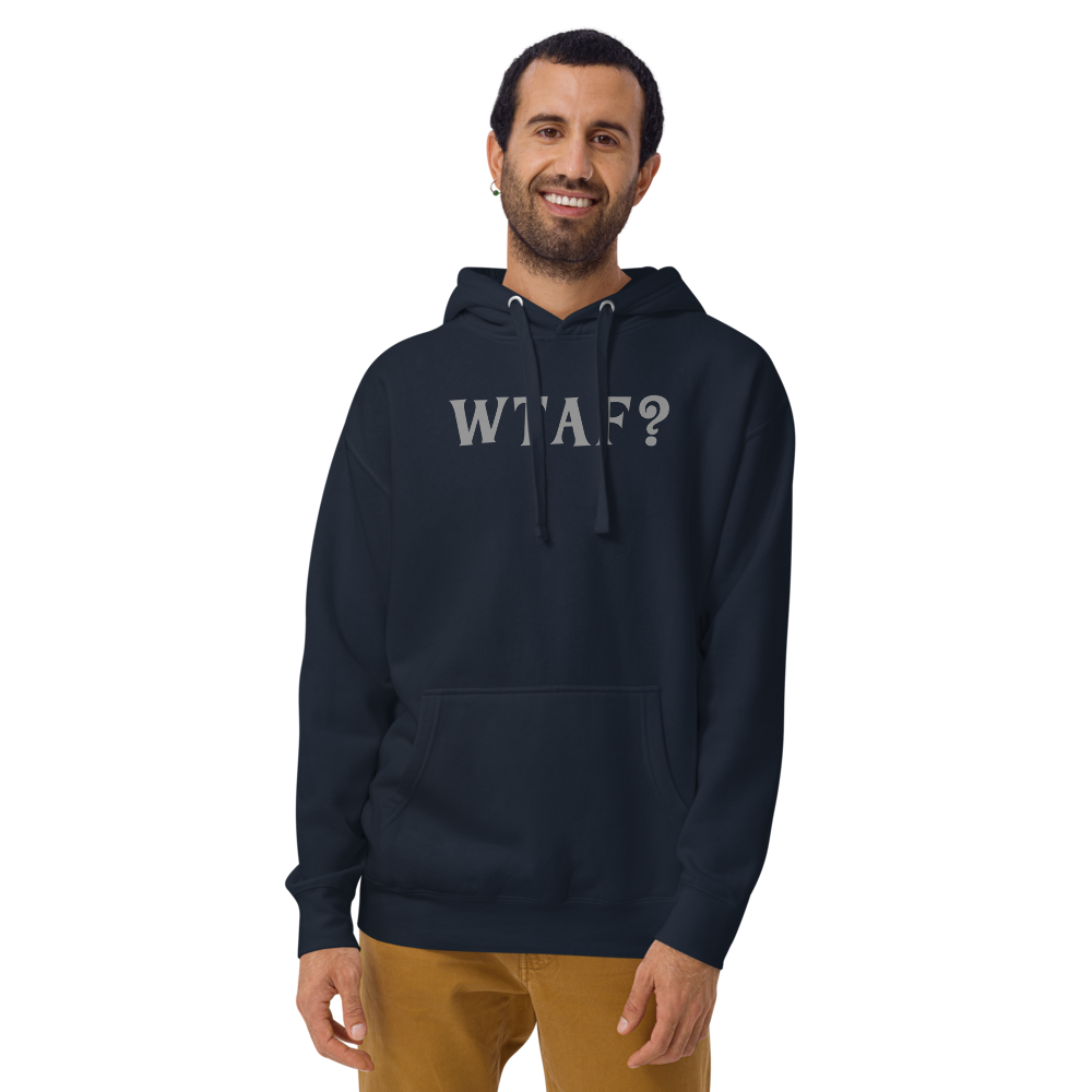 "WTAF?" printed on a navy blazer warn by a male