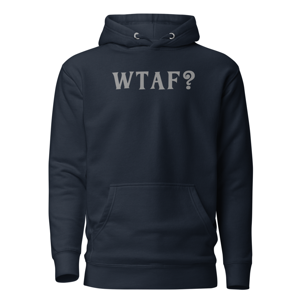 "WTAF?" printed on a navy blazer on an invisible / simulated body