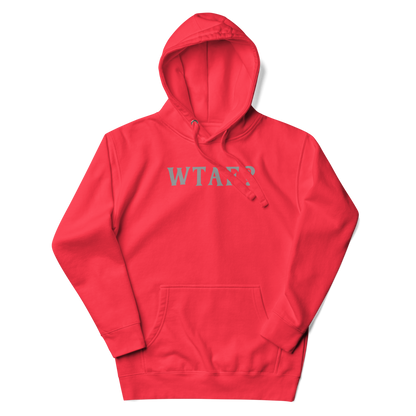 "WTAF?" printed on a team red unisex hoodie laying on a flat surface with the hood up
