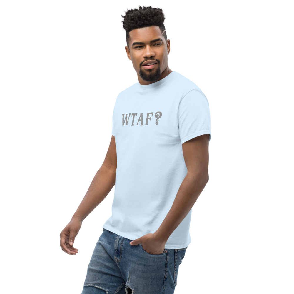 "WTAF?" printed on a light blue unisex classic tee worn by a male
