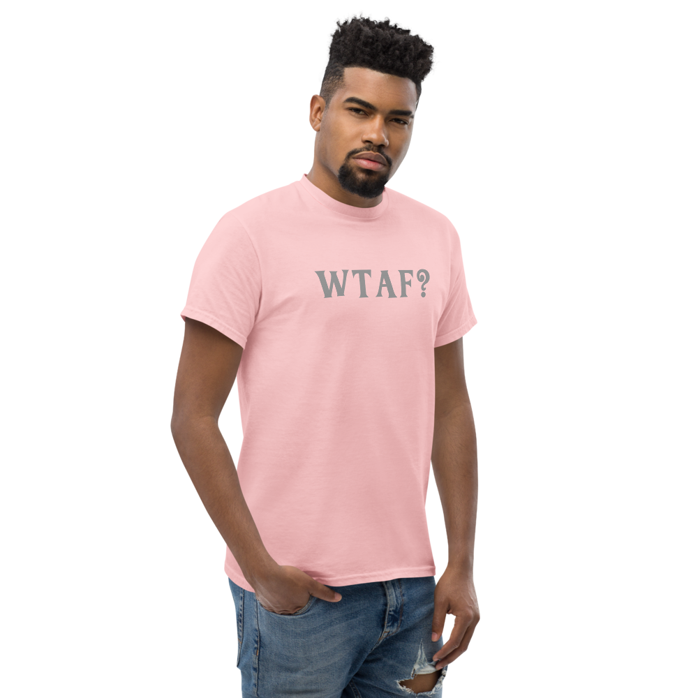 "WTAF?" printed on a light pink unisex classic tee worn by a male