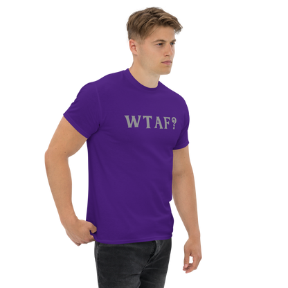 "WTAF?" printed on a purple unisex classic tee worn by a male