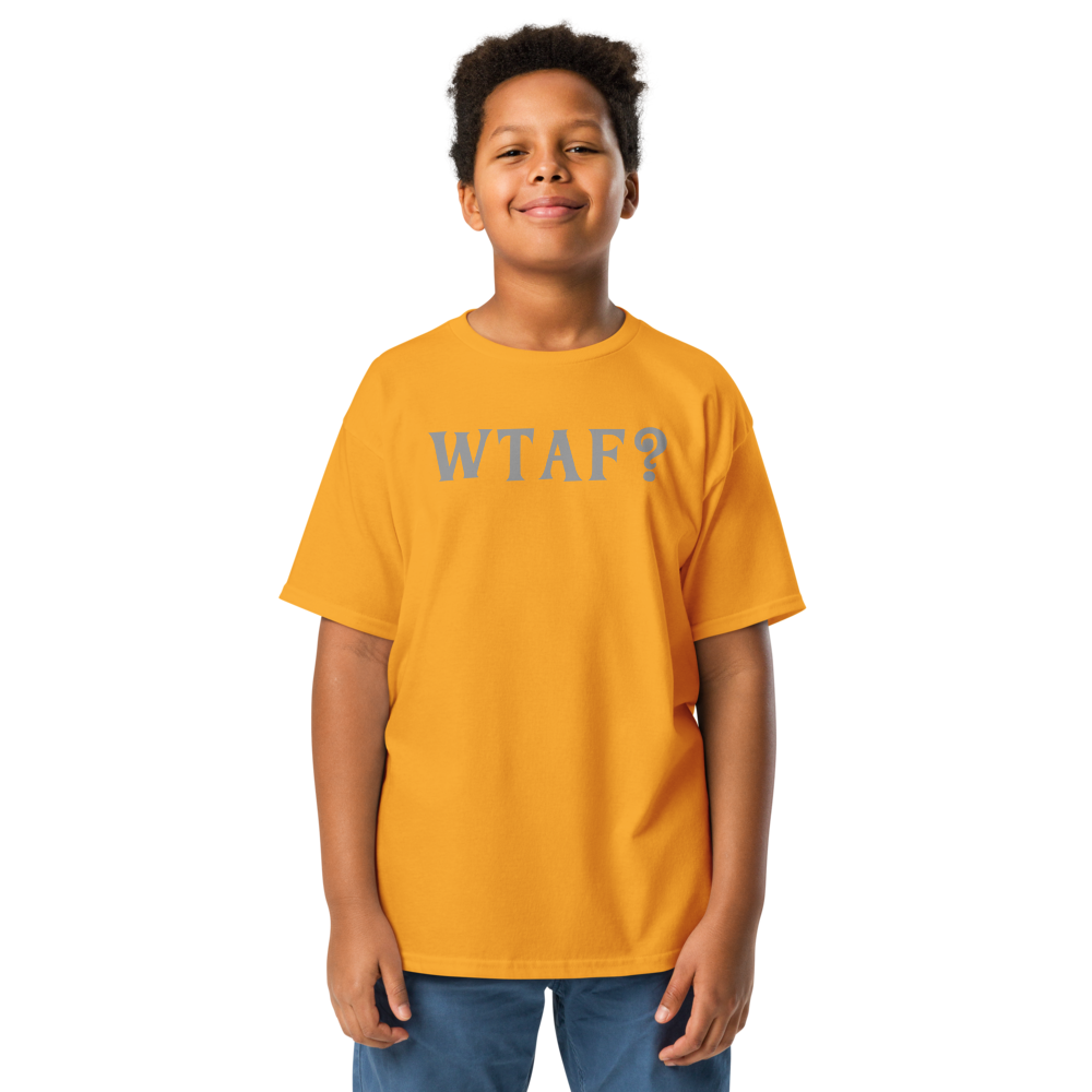 "WTAF?" printed on a gold youth classic tee worn by a male