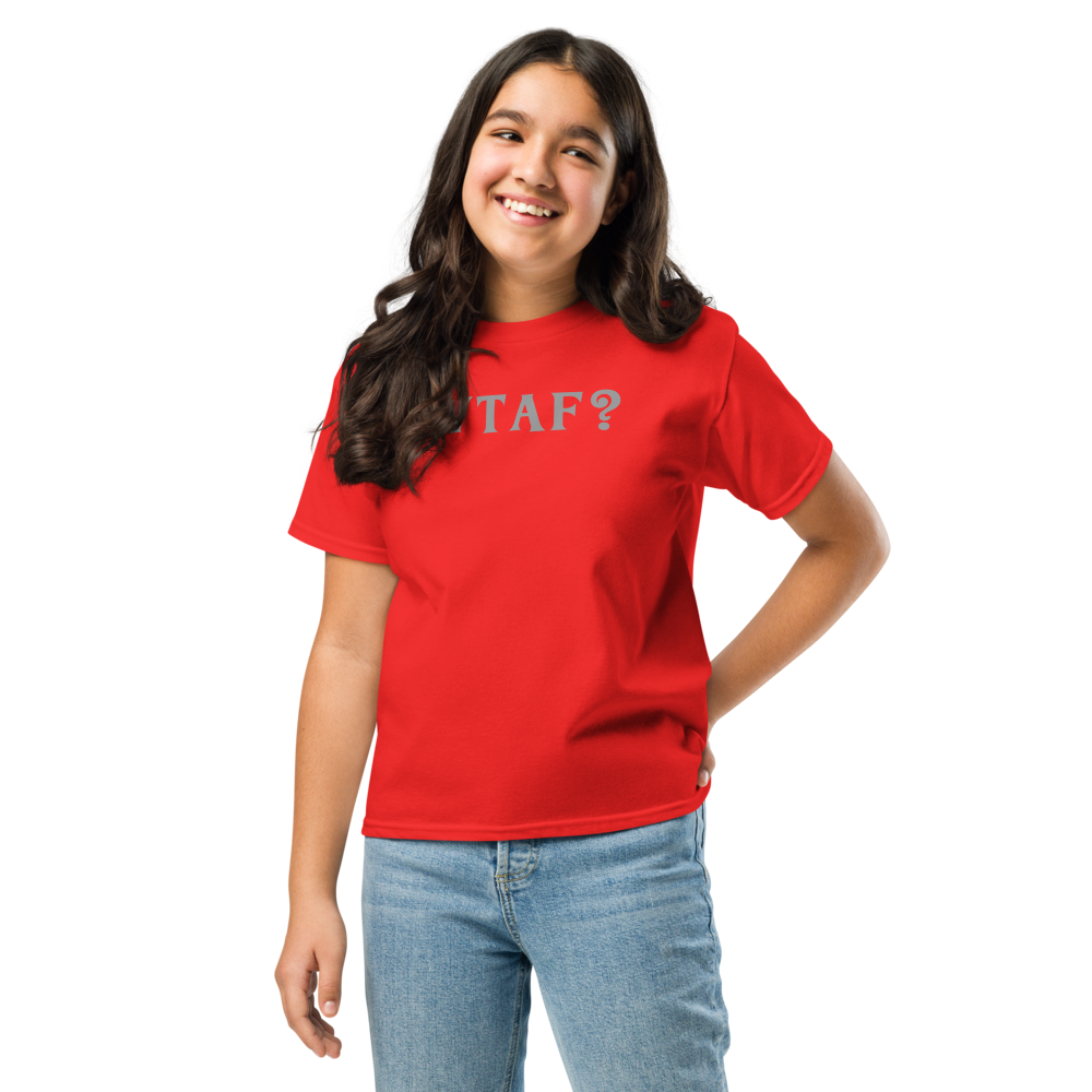 "WTAF?" printed on a red youth classic tee worn by a female