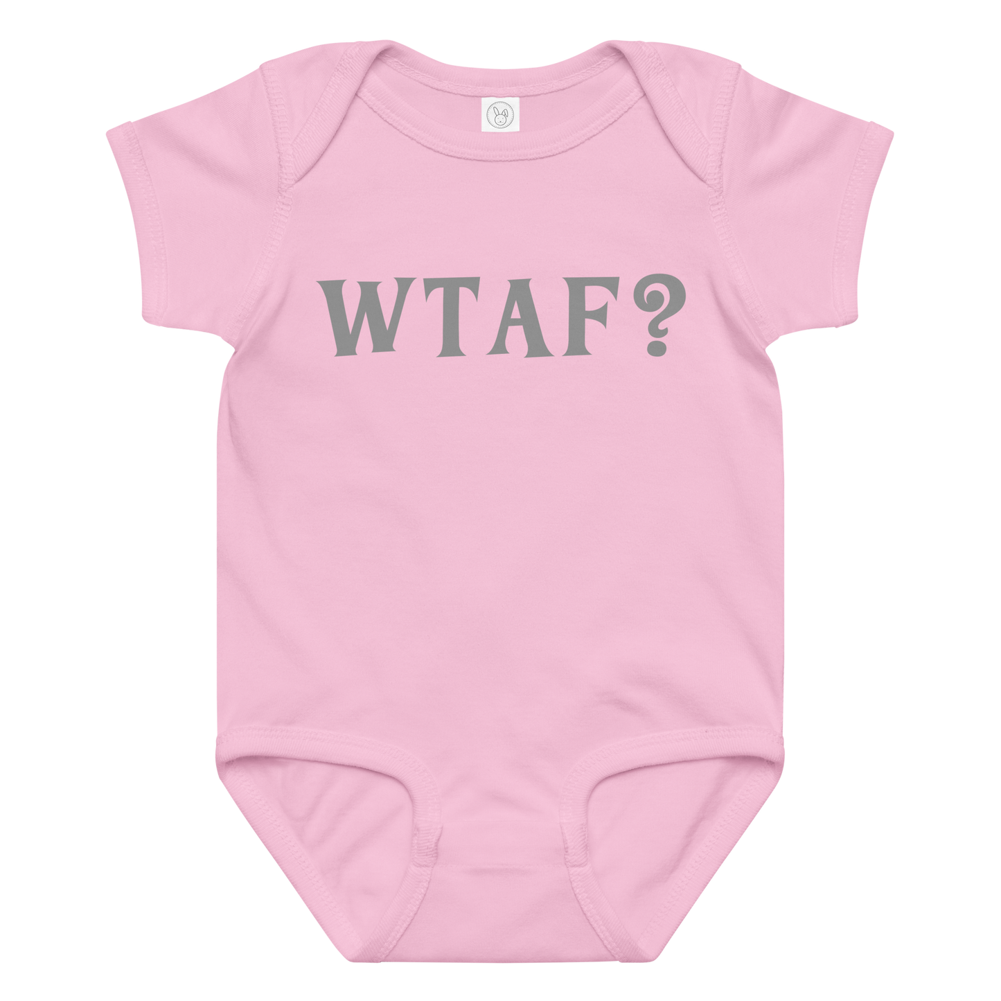 "WTAF?" printed on a pink baby jersey bodysuit laying on a flat surface amongst other clothes