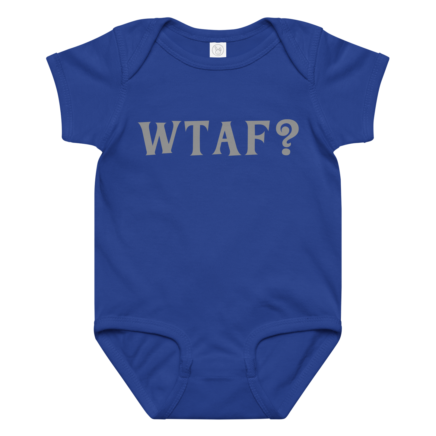 "WTAF?" printed on a royal baby jersey bodysuit laying on a flat surface amongst other clothes