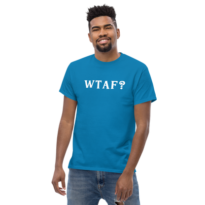 "WTAF?" printed on a sapphire unisex classic tee worn by a male