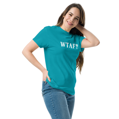 "WTAF?" printed on a tropical blue unisex classic tee worn by a female