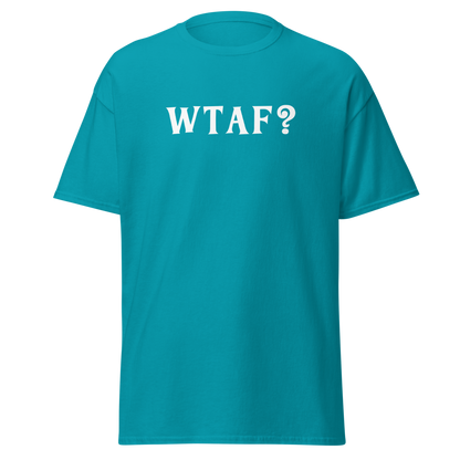 "WTAF?" printed on a tropical blue on an invisible body