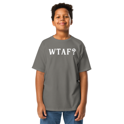 "WTAF?" printed on a charcoal youth classic tee worn by a male