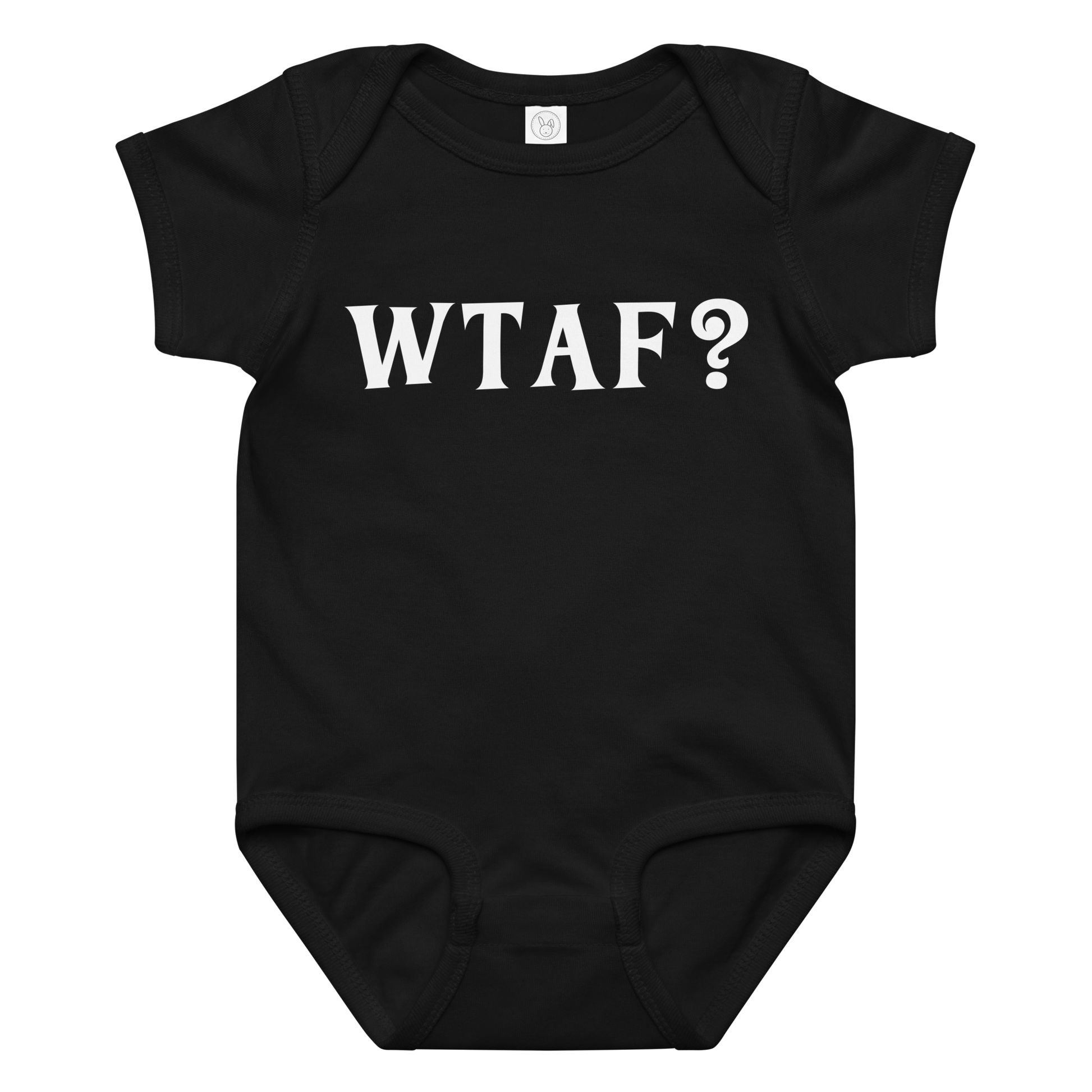 "WTAF?" printed on a black baby jersey bodysuit laying on a flat surface amongst other clothes
