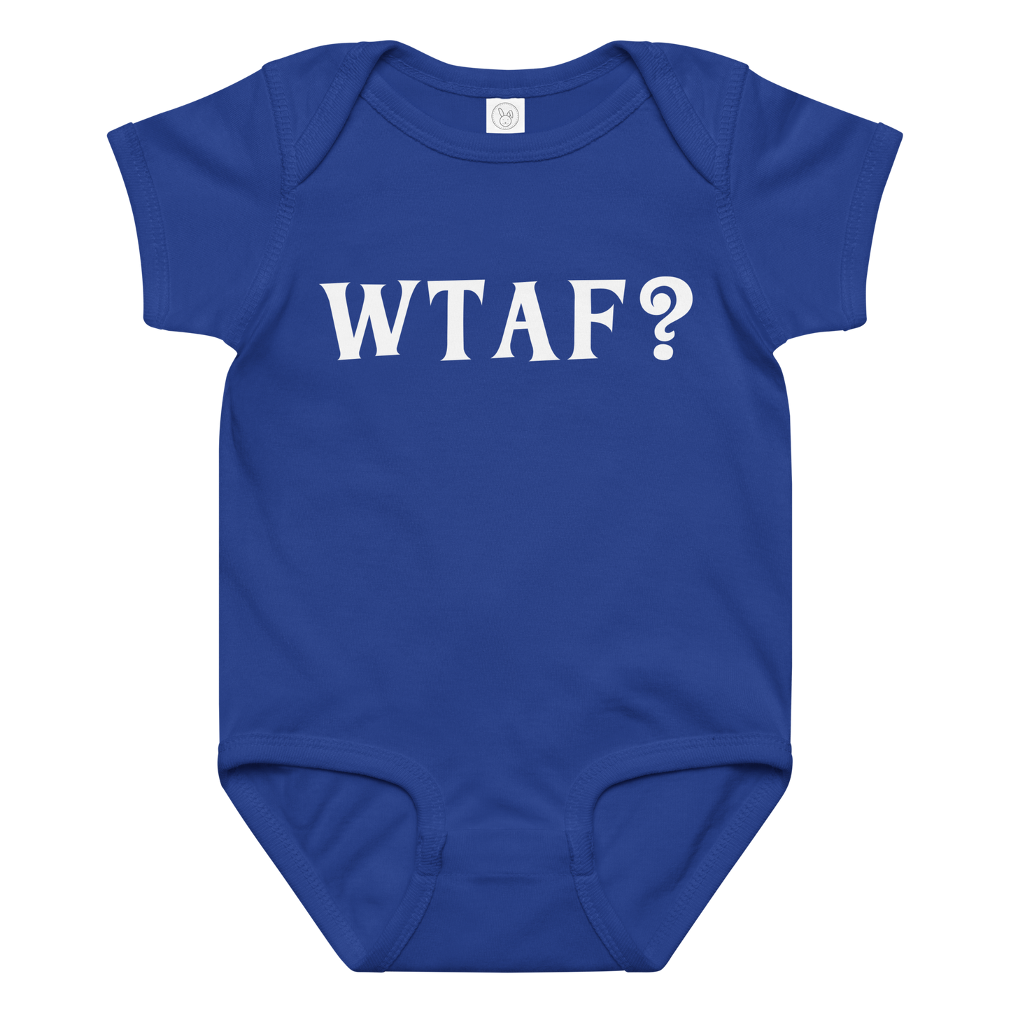 "WTAF?" printed on a royal baby jersey bodysuit laying on a flat surface amongst other clothes