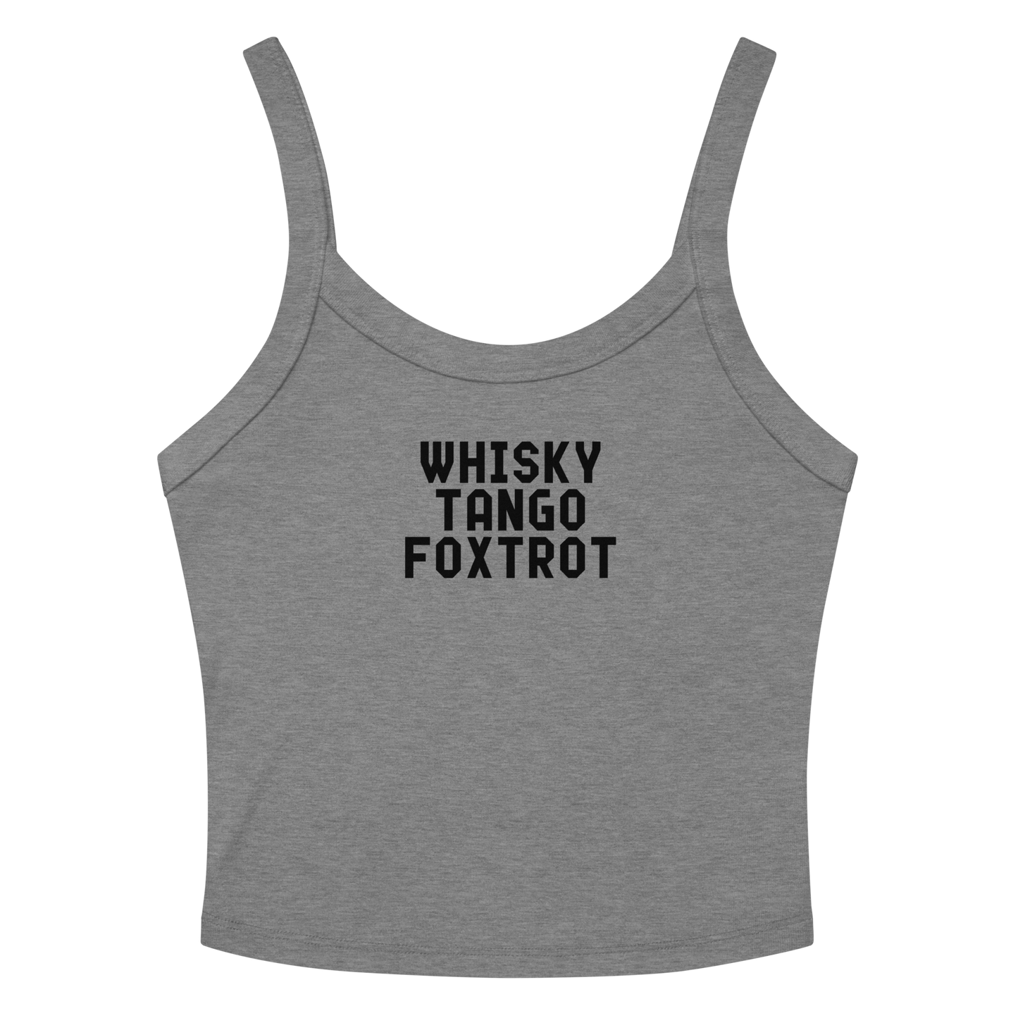 "Whisky Tango Foxtrot (What the f#ck)" printed on a athletic heather women's micro-rib tanktop laying on a flat surface amongst sunglasses and shorts