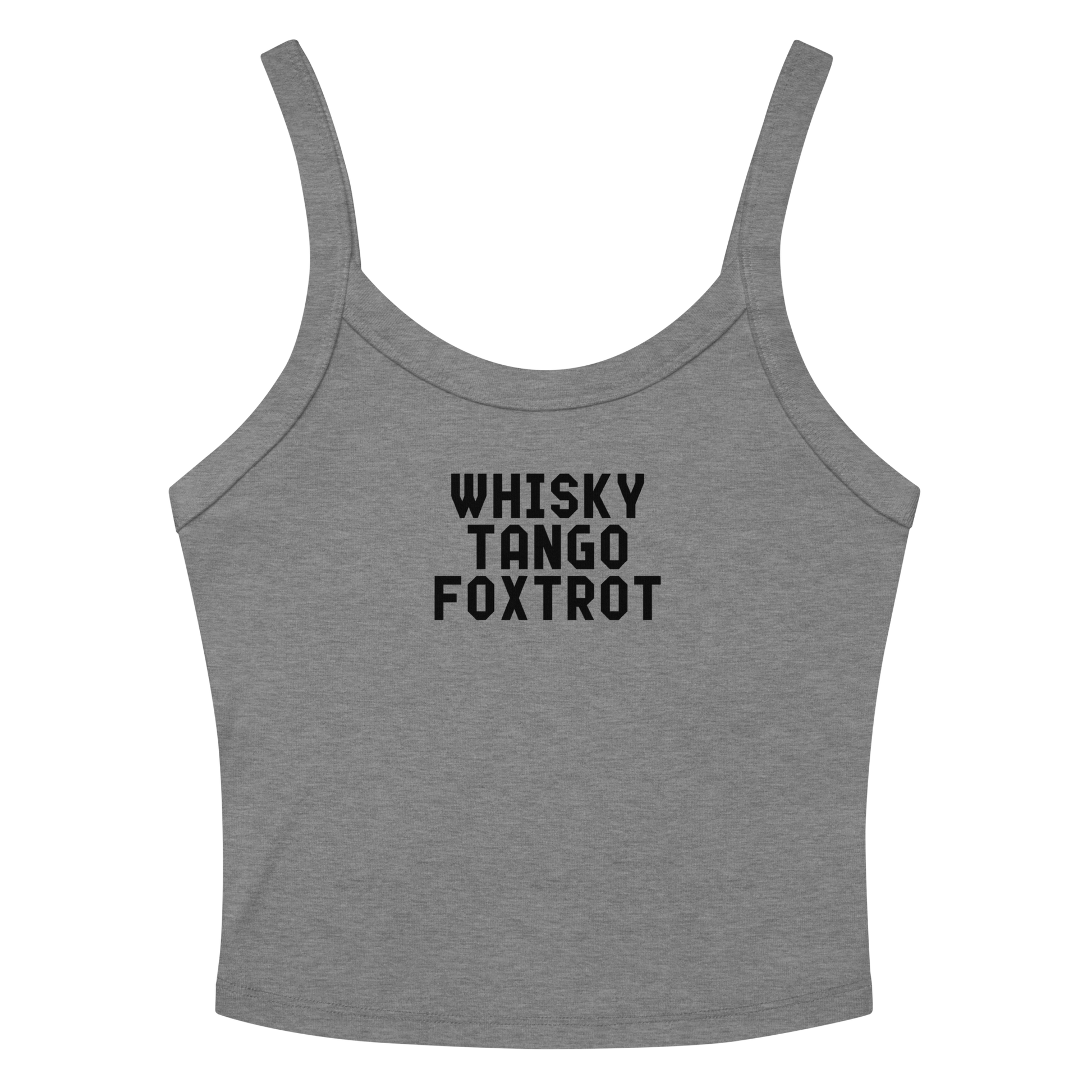 "Whisky Tango Foxtrot (What the f#ck)" printed on a athletic heather women's micro-rib tanktop laying on a flat surface amongst sunglasses and shorts