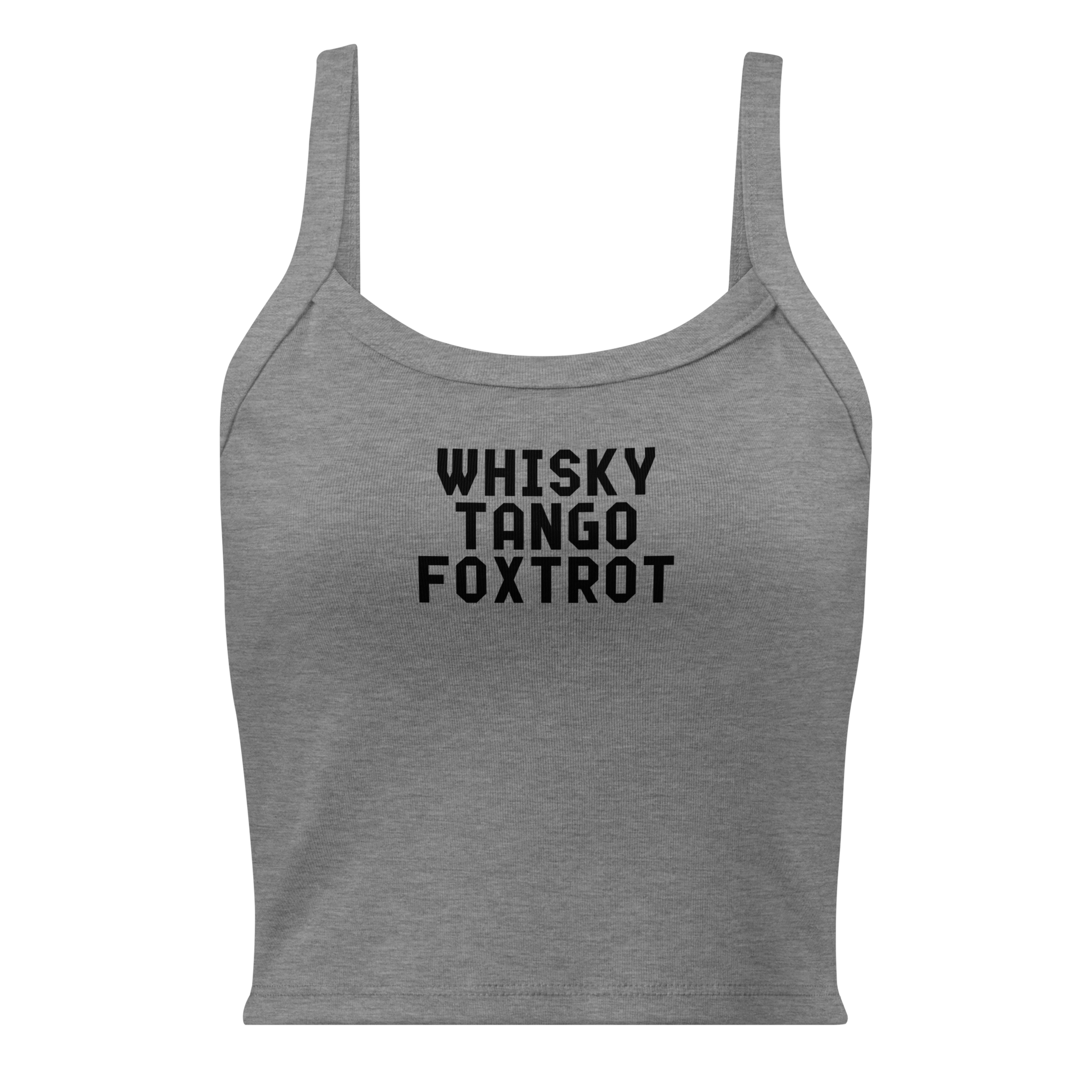 "Whisky Tango Foxtrot (What the f#ck)" printed on a athletic heather women's micro-rib tanktop laying on a flat surface