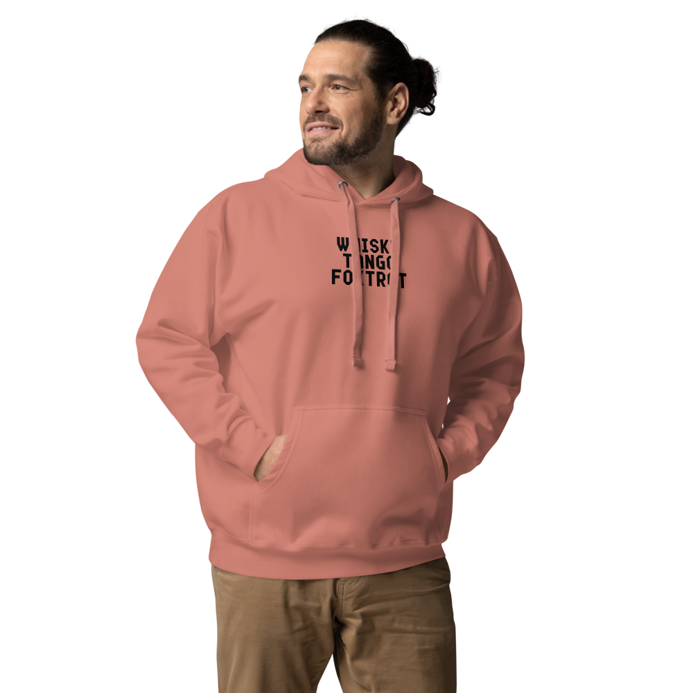 "Whisky Tango Foxtrot (What the f#ck)" printed on a dusty rose unisex hoodie worn by a male