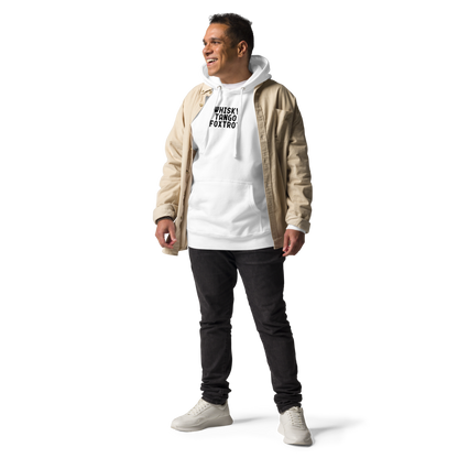 "Whisky Tango Foxtrot (What the f#ck)" printed on a white unisex hoodie worn by a male with a jacket on top