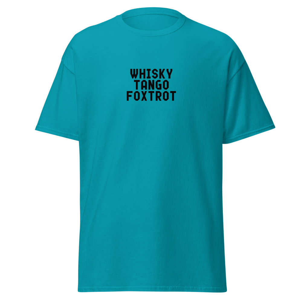 "Whisky Tango Foxtrot (What the f#ck)" printed on a tropical blue on an invisible body