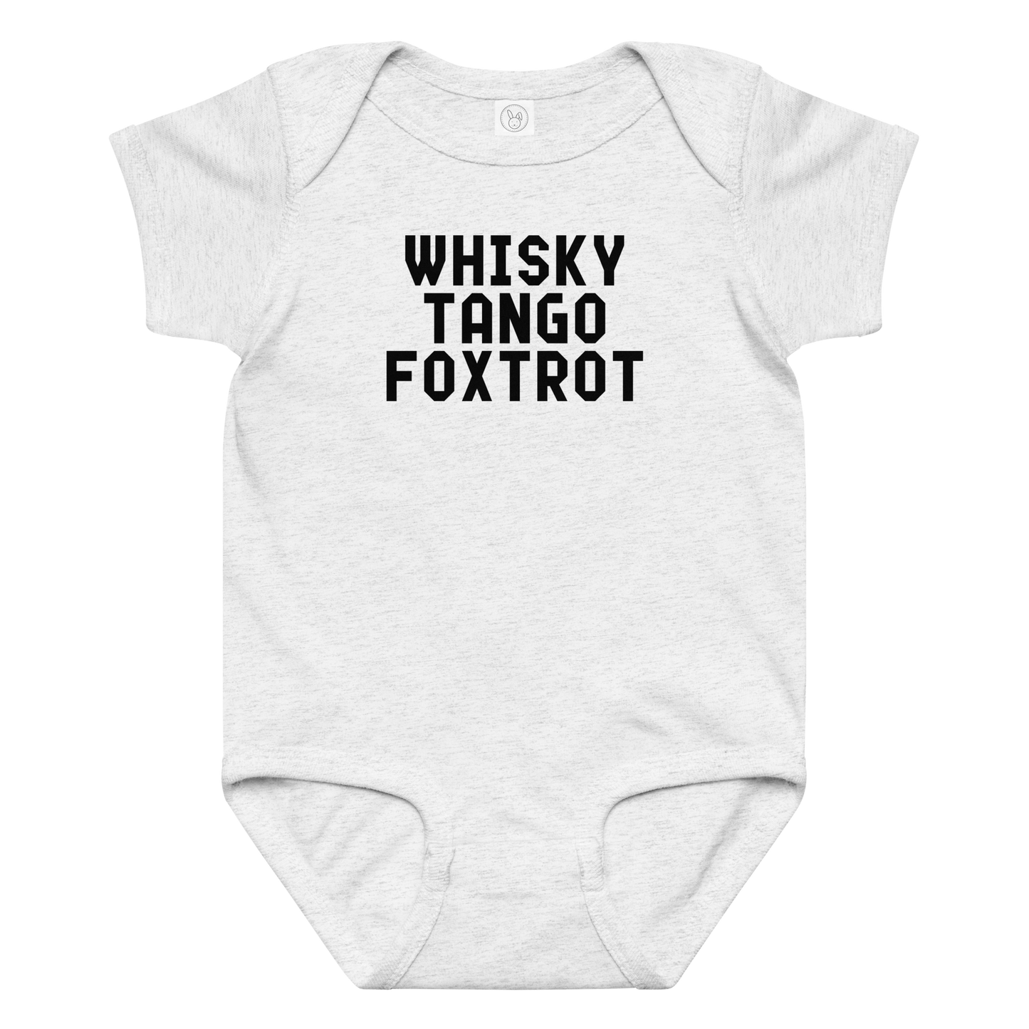 "Whisky Tango Foxtrot (What the f#ck)" printed on a ash baby jersey bodysuit laying on a flat surface amongst other clothes