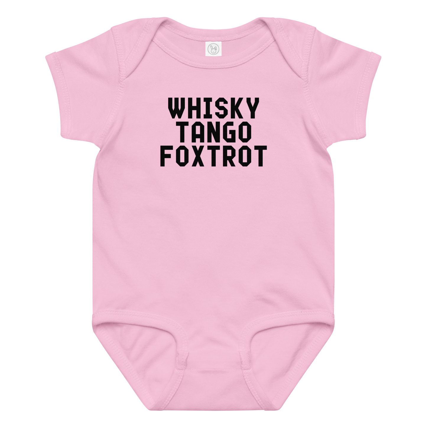 "Whisky Tango Foxtrot (What the f#ck)" printed on a pink baby jersey bodysuit laying on a flat surface amongst other clothes