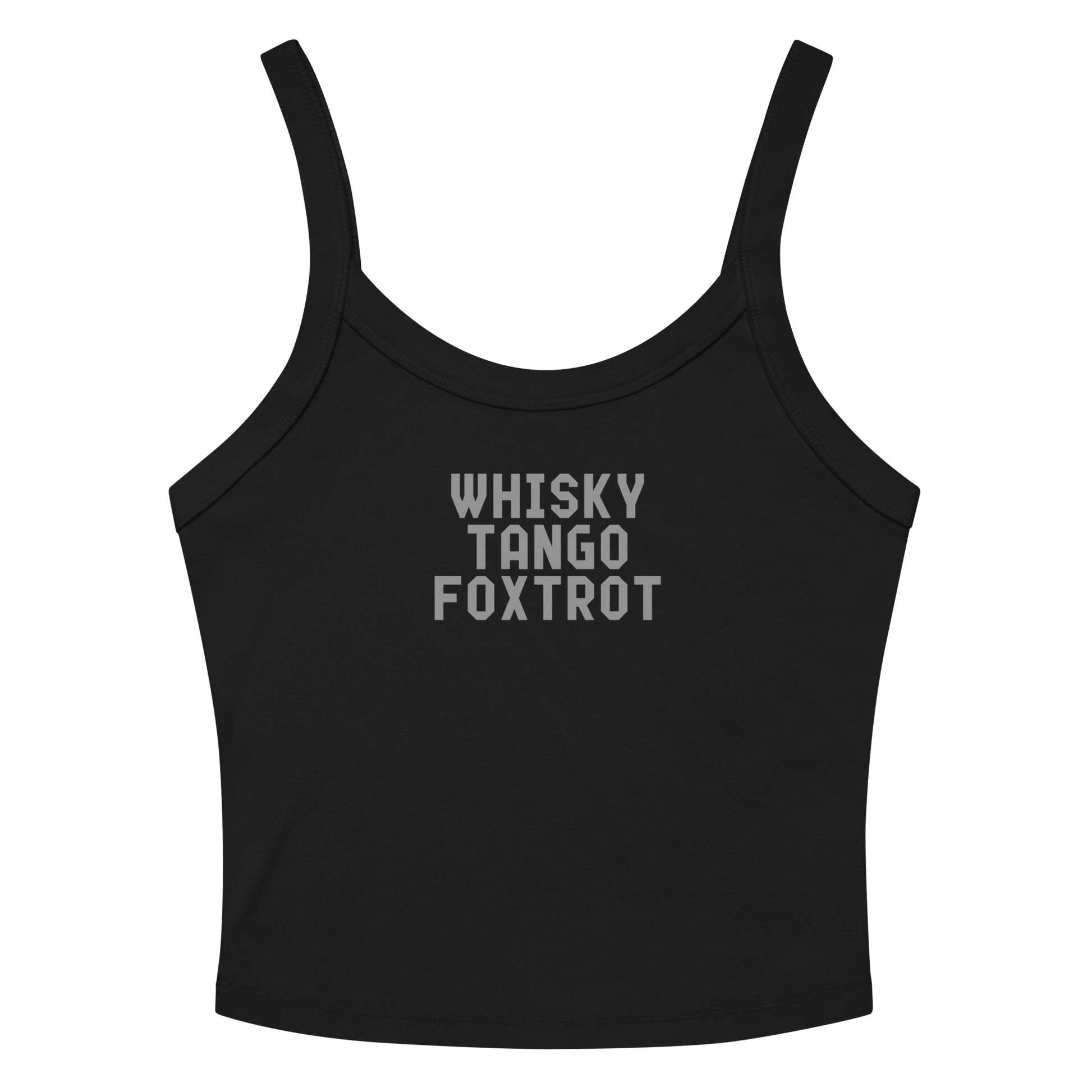 "Whisky Tango Foxtrot (What the f#ck)" printed on a solid black blend women's micro-rib tanktop laying on a flat surface amongst sunglasses and shorts