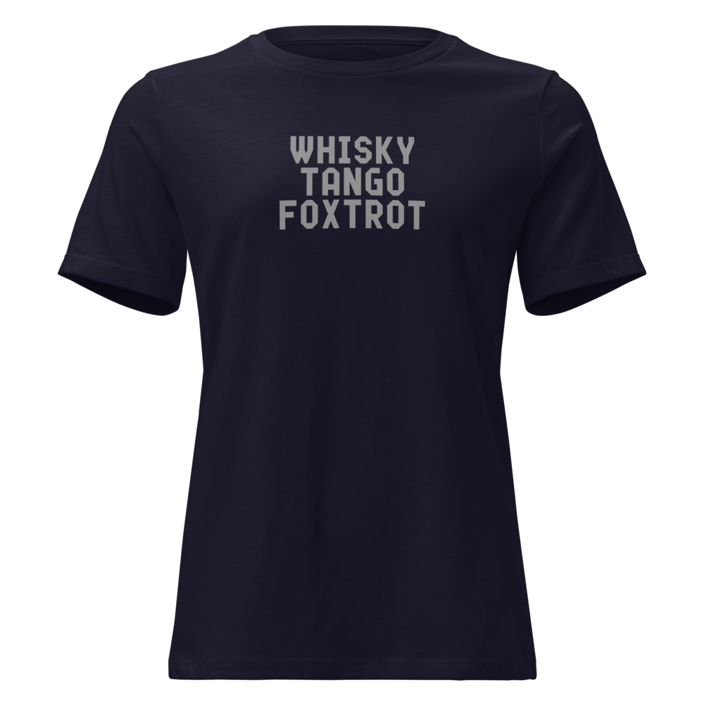 "Whisky Tango Foxtrot (What the f#ck)" printed on a navy on an invisible / simulated body