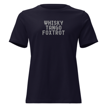 "Whisky Tango Foxtrot (What the f#ck)" printed on a navy on an invisible / simulated body