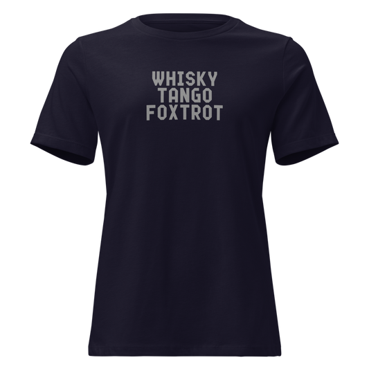 "Whisky Tango Foxtrot (What the f#ck)" printed on a navy on an invisible / simulated body