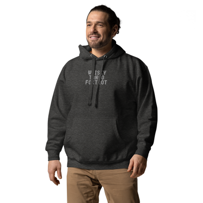 "Whisky Tango Foxtrot (What the f#ck)" printed on a charcoal heather unisex hoodie worn by a male