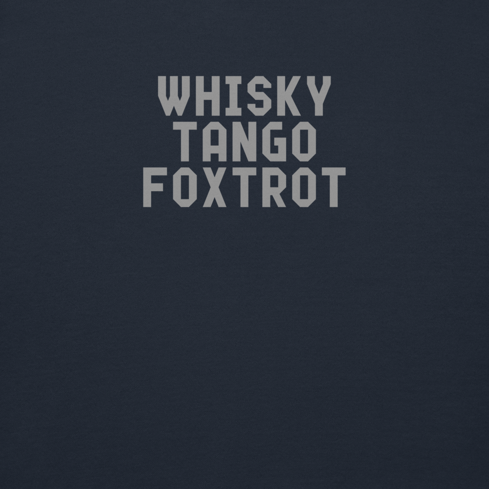 "Whisky Tango Foxtrot (What the f#ck)" printed on a navy blazer background
