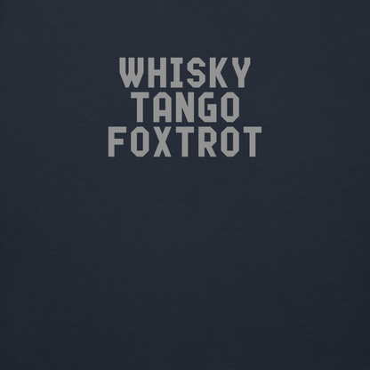 "Whisky Tango Foxtrot (What the f#ck)" printed on a navy blazer background
