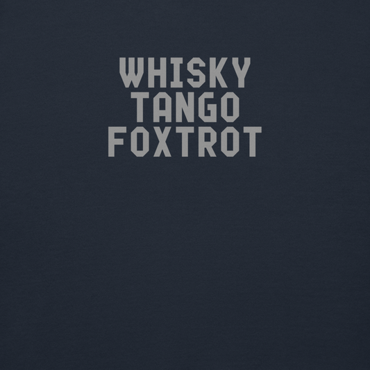 "Whisky Tango Foxtrot (What the f#ck)" printed on a navy blazer background