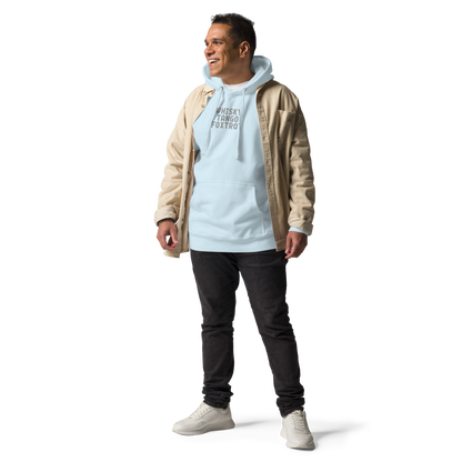 "Whisky Tango Foxtrot (What the f#ck)" printed on a sky blue unisex hoodie worn by a male with a jacket on top