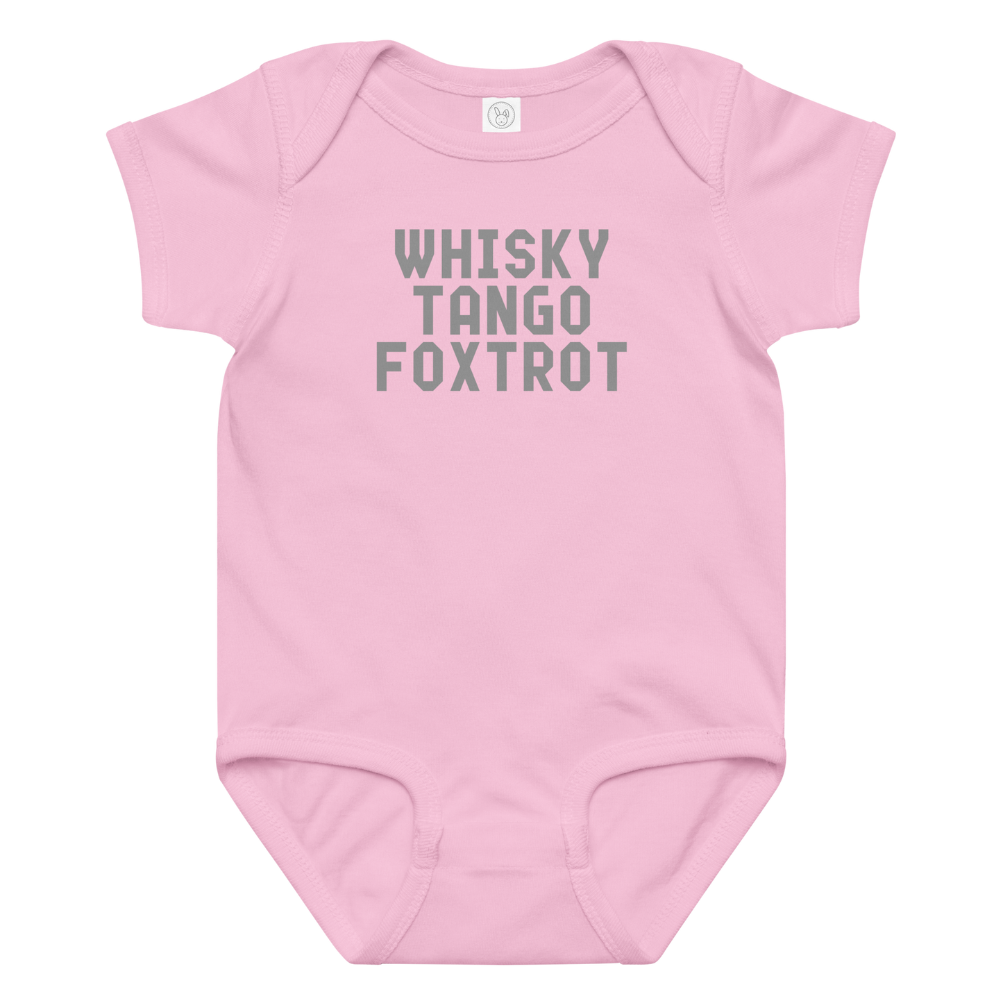 "Whisky Tango Foxtrot (What the f#ck)" printed on a pink baby jersey bodysuit laying on a flat surface amongst other clothes