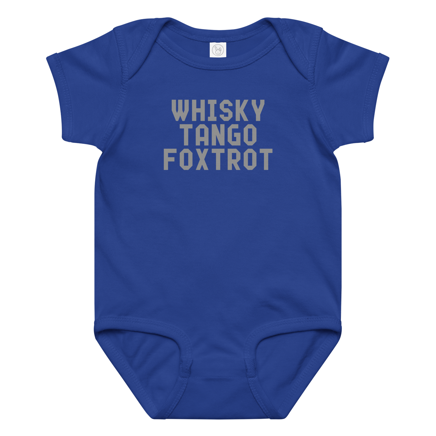 "Whisky Tango Foxtrot (What the f#ck)" printed on a royal baby jersey bodysuit laying on a flat surface amongst other clothes