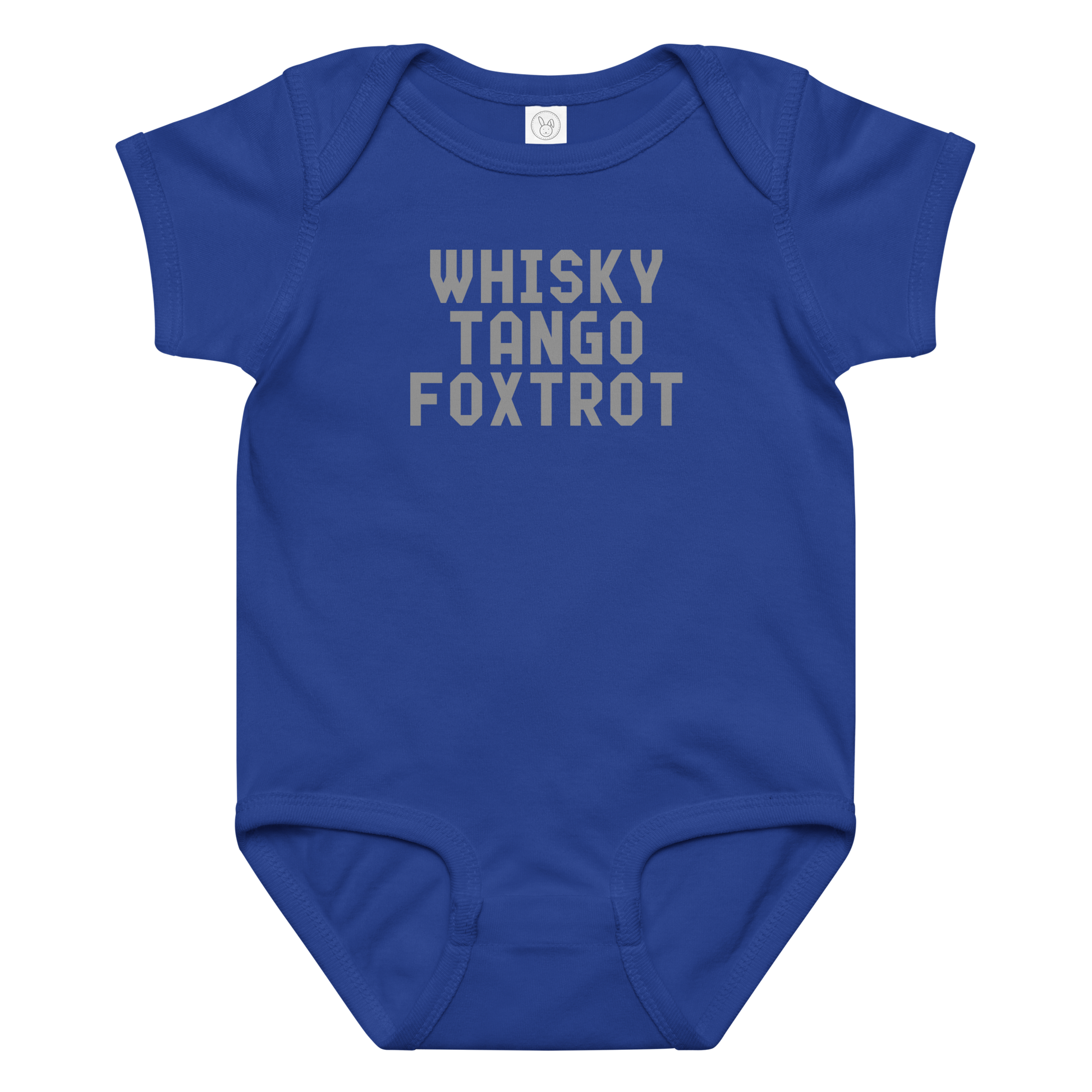 "Whisky Tango Foxtrot (What the f#ck)" printed on a royal baby jersey bodysuit laying on a flat surface amongst other clothes