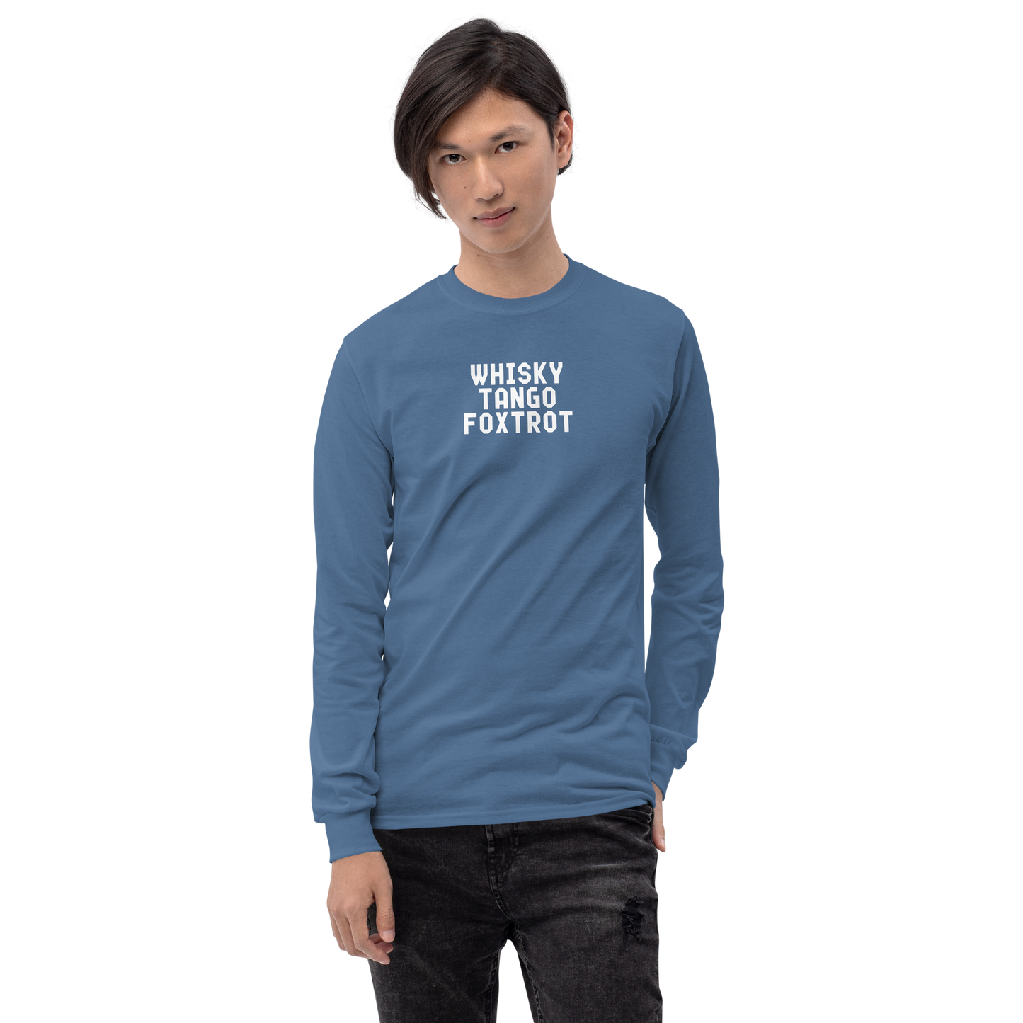 "Whisky Tango Foxtrot (What the f#ck)" printed on a indigo blue men's long sleeve shirt worn by a male