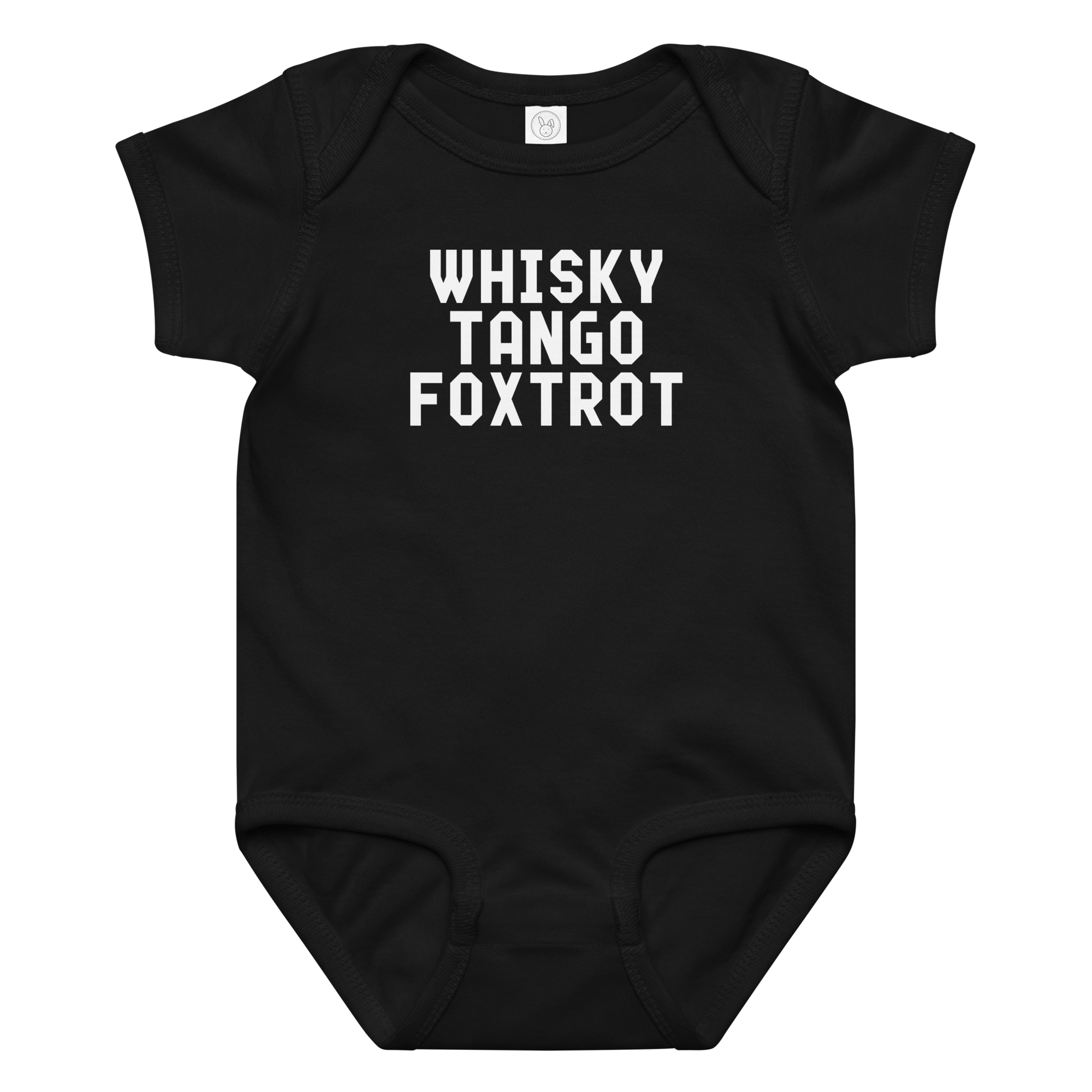 "Whisky Tango Foxtrot (What the f#ck)" printed on a black baby jersey bodysuit laying on a flat surface amongst other clothes