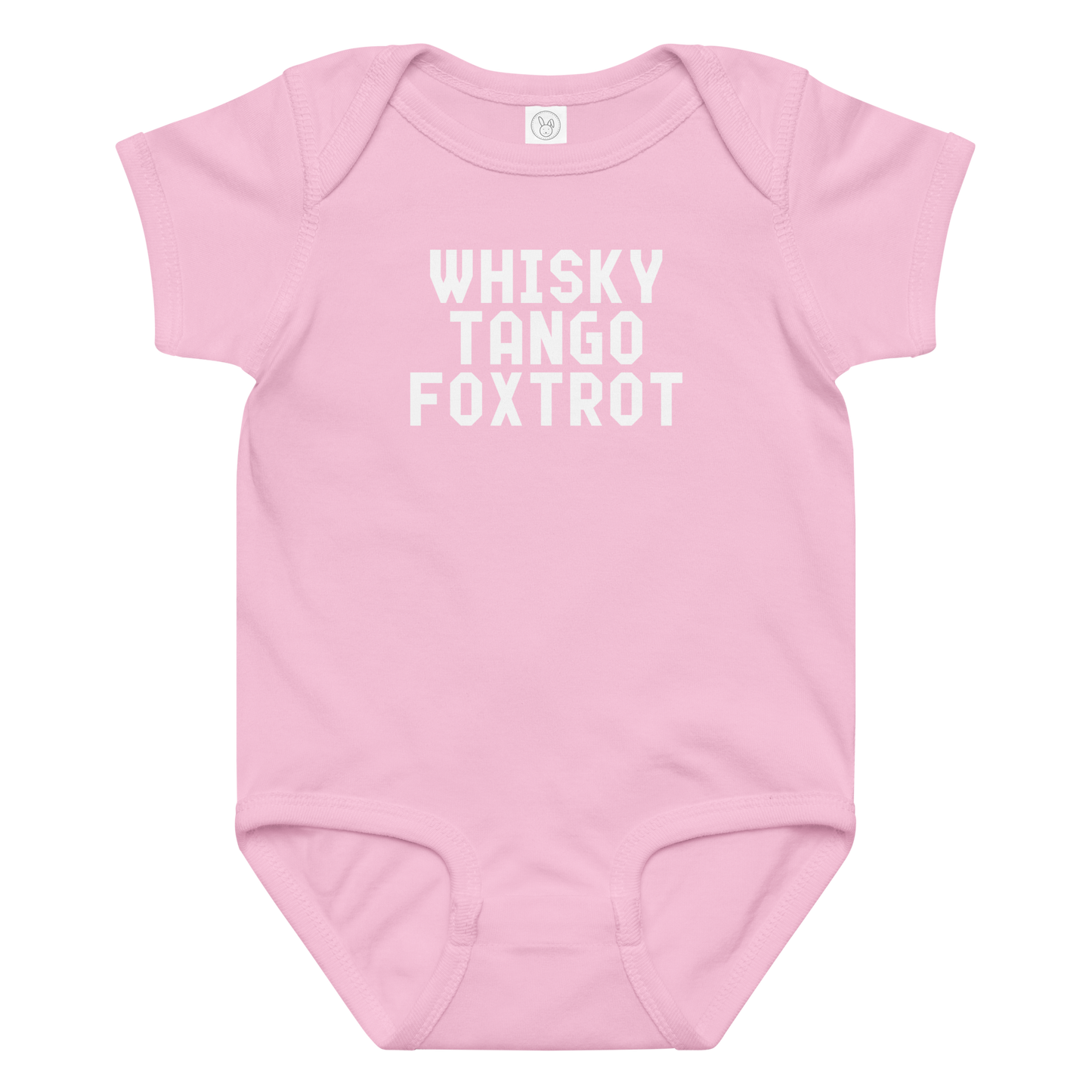 "Whisky Tango Foxtrot (What the f#ck)" printed on a pink baby jersey bodysuit laying on a flat surface amongst other clothes