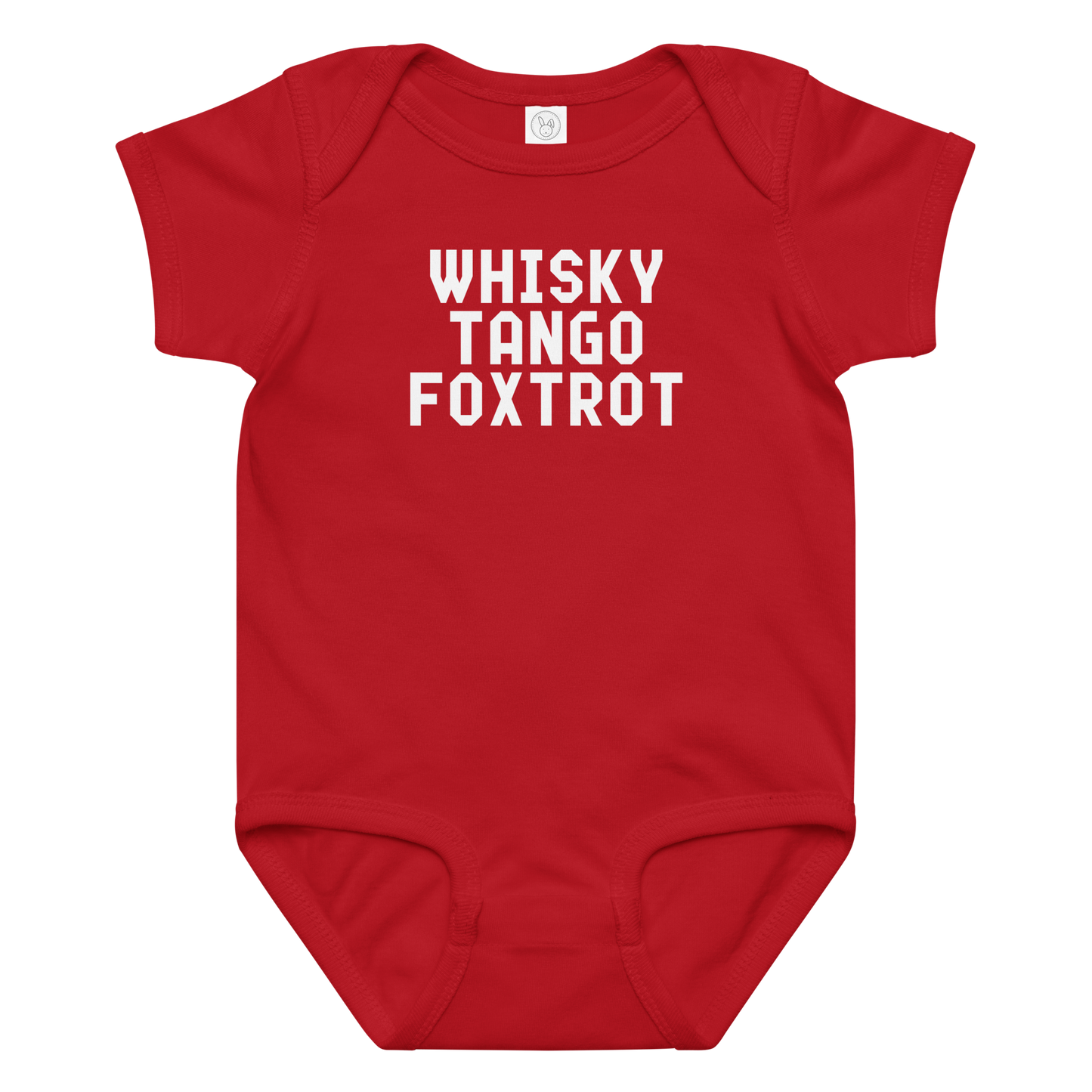 "Whisky Tango Foxtrot (What the f#ck)" printed on a red baby jersey bodysuit laying on a flat surface amongst other clothes