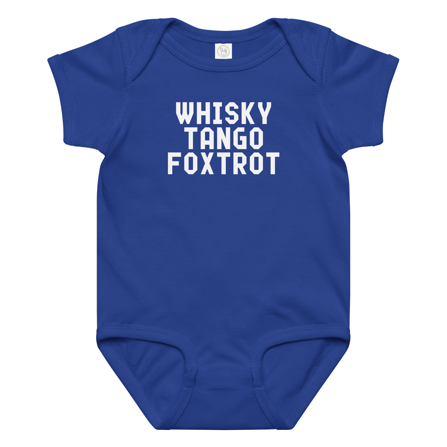 "Whisky Tango Foxtrot (What the f#ck)" printed on a royal baby jersey bodysuit laying on a flat surface amongst other clothes
