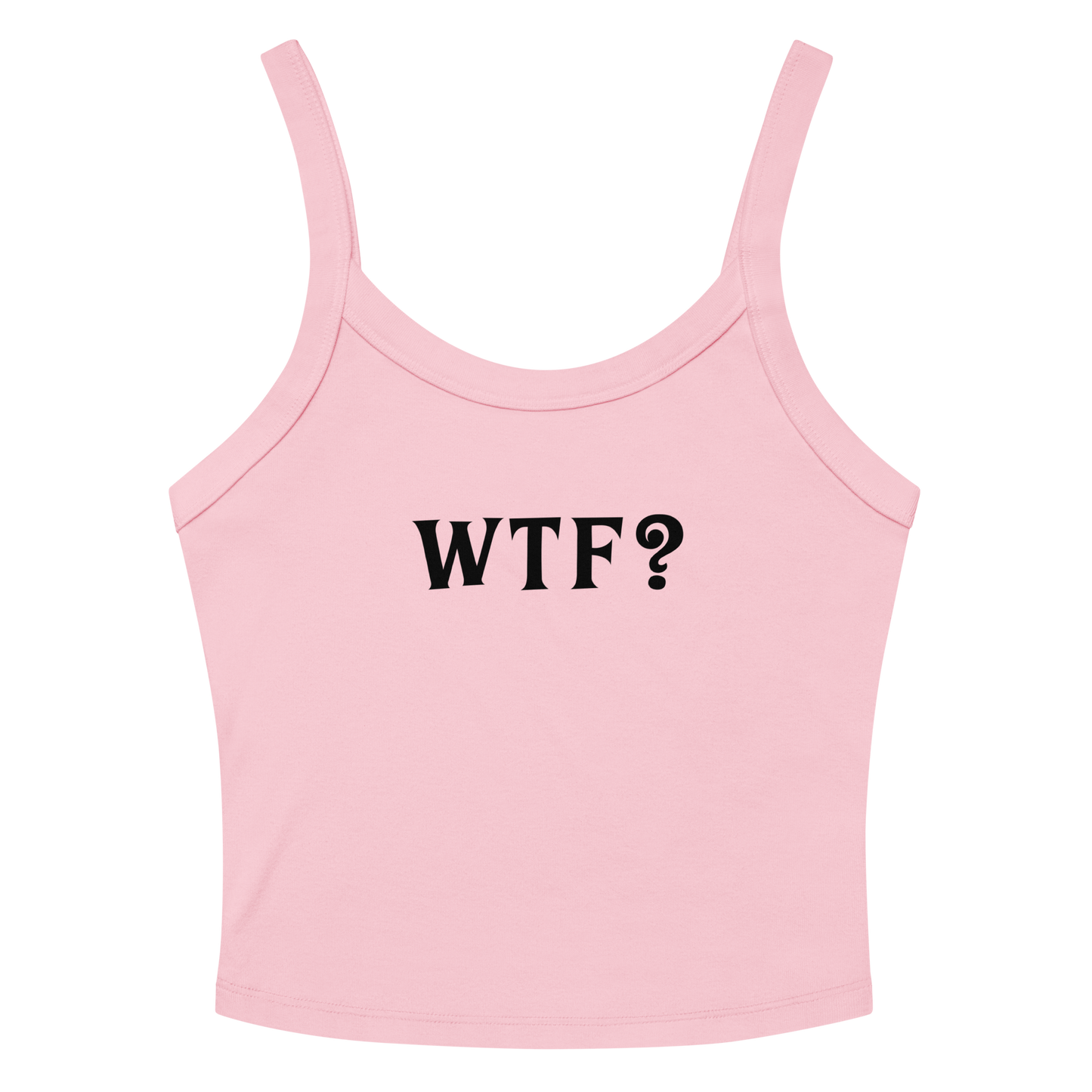"WTF? (What the f#ck?)" printed on a solid pink blend women's micro-rib tanktop laying on a flat surface amongst sunglasses and shorts