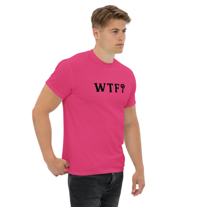 "WTF? (What the f#ck?)" printed on a heliconia unisex classic tee worn by a male