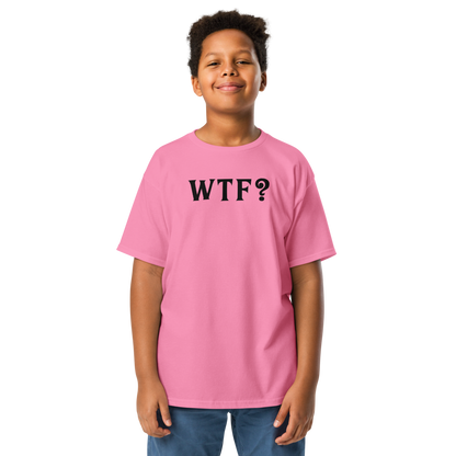 "WTF? (What the f#ck?)" printed on a azalea youth classic tee worn by a male