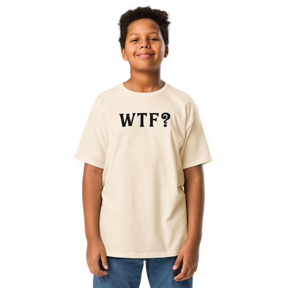 "WTF? (What the f#ck?)" printed on a natural youth classic tee worn by a male