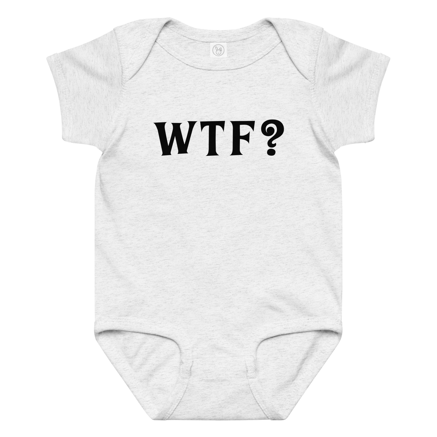"WTF? (What the f#ck?)" printed on a ash baby jersey bodysuit laying on a flat surface amongst other clothes