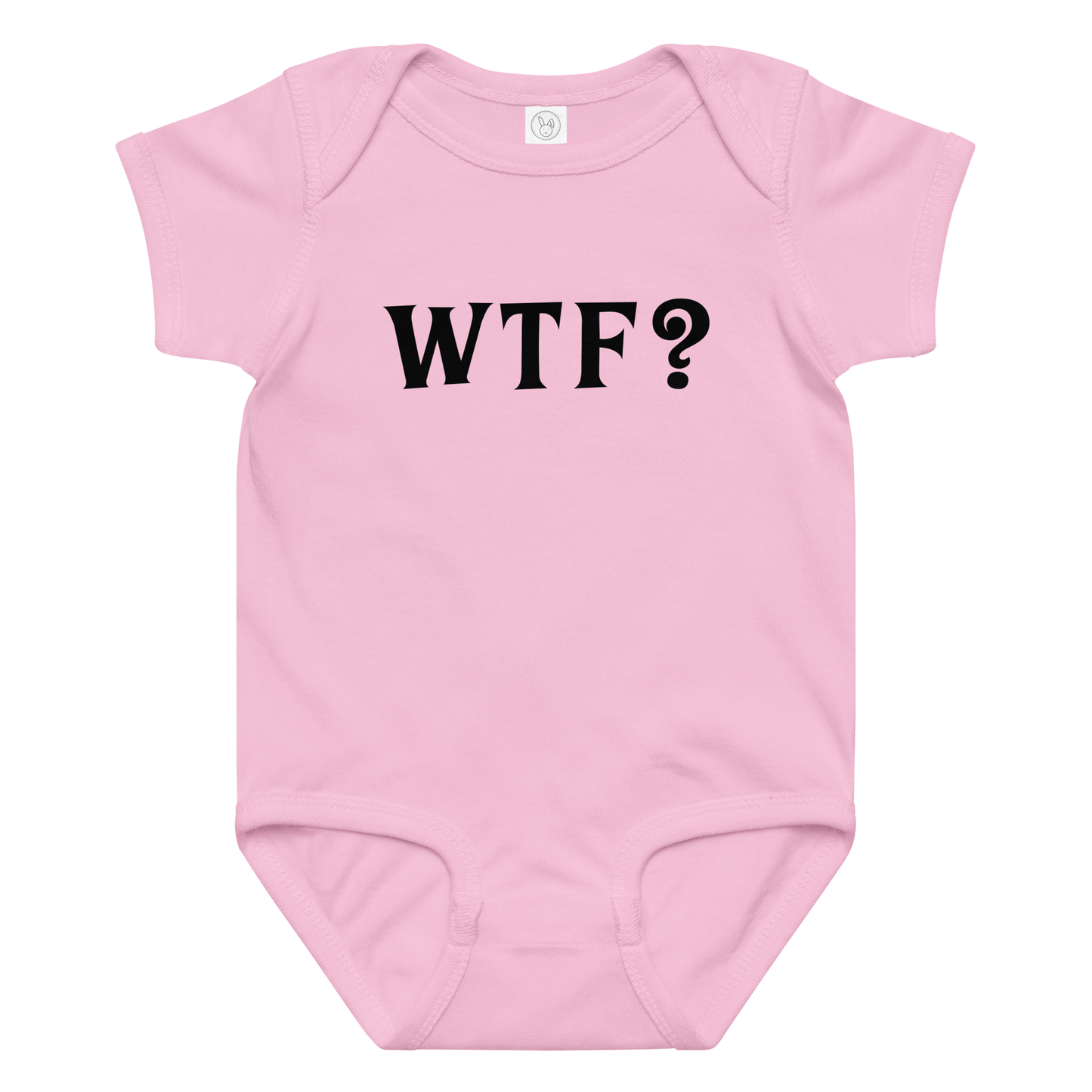 "WTF? (What the f#ck?)" printed on a pink baby jersey bodysuit laying on a flat surface amongst other clothes